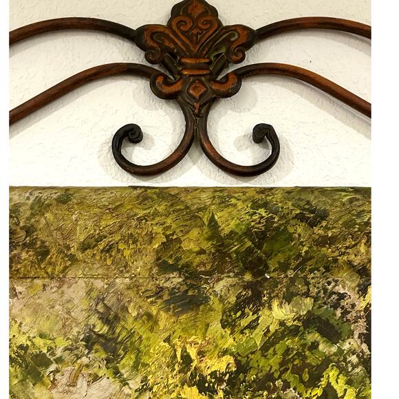 Wrought Iron Wall Hanging Hand Painted Oil Canvas Autumn Forest Scene 36” x 42” - Picture 2 of 11